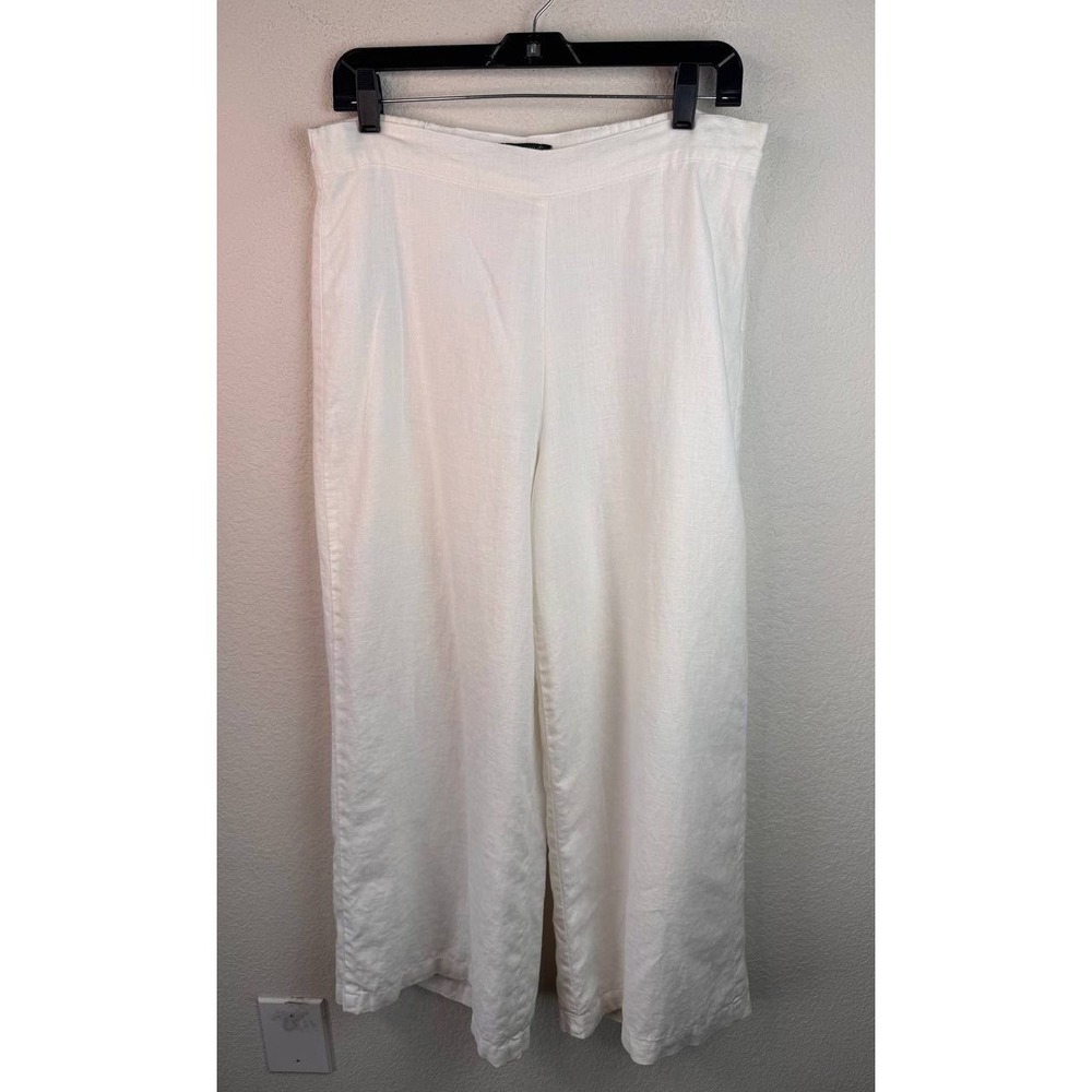 For Cynthia 100% Linen Wide Leg Crop Pants Sz S White Lined Coastal Beach Resort
